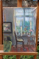 Pastellgemälde Pastellmalerei Interieur 19. Jh. Frühling Zimmer Sonnenschein