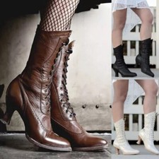 Hot Victorian Gothic Womens Mid-Calf Boots Steampunk Kitten Heel Lace Up Shoes
