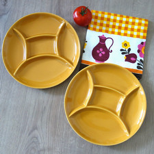 2 Fondueteller Raclette Antipasti Teller Keramik gelb 60er 70er Vintage