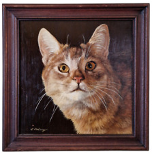 ? Antikes kleines Ölgemälde a. Kupferplatte Katze Portrait Malerei - 27 x 27 cm
