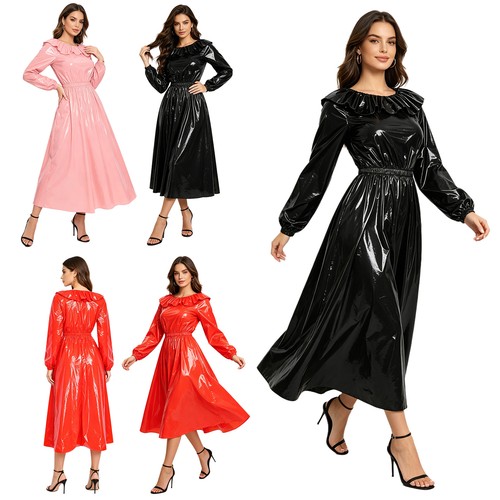 Damen wetlook langarm kleid - damen,
