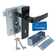 Kastenschloss verzinkt mit Kurzschild & Türdrücker schwarz - schließende Falle