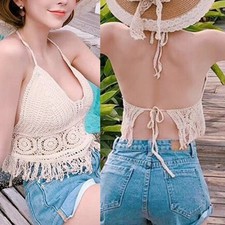 Boho Style Damen Sommer Neckholder Weste Häkel Strick Tank Top mit Quasten