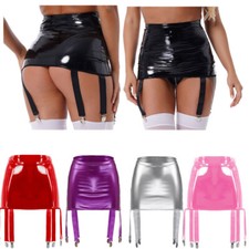 DE Damen Röcke Lackleder Minirock mit Strumpfband Wetlook Sexy Party Clubwear