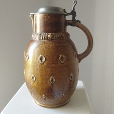 KRUG KANNE STEINZEUG KERAMIK BRAUN SALZGLASUR ANTIK ZINNDECKEL GROß 2,5 L  1643