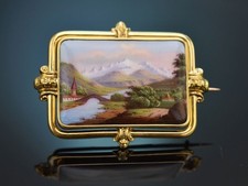 FEINE EMAILLE BROSCHE MIT MONT BLANC UND SAINT MARTIN GOLD 750 UM 1860