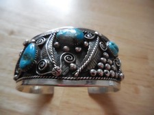 Armreif 825er Silber Sterling 70 Gramm mit Türkis 3,8 cm breit top erhalten