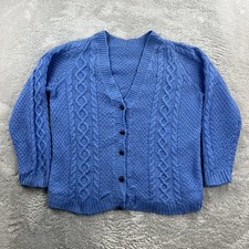 ARAN Damen Pullover Strickjacke Gr.XL Blau Cardigan Wolle Zopfmuster Vintage