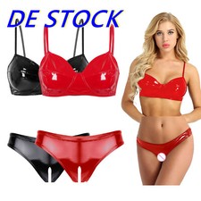 DE Damen Dessous Set Wetlook Lackleder BH Top Offener Schritt Slips Nachtwäsche