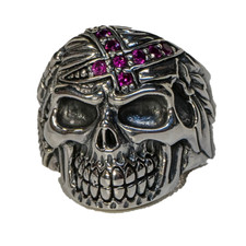 Schädel Ring 925 Silber Auszeichnung Shot & Feder Lab-Created Zirkonia Biker