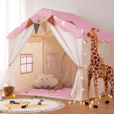 2-in-1 Kinderzelt mit Matte & Lichtern - Spielhaus für drinnen, pink, 130x90 cm