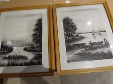 Bilder 2 x k.Dilling Handgezeichnet Landschaften am Wasser  Seen mit Holzrahmen