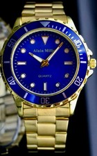 Alain Miller Herren Armband Männer Uhr Gold Blau Edelstahl sportliches Design
