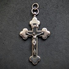 Kreuz Anhänger 800 Silber Jesus Holz Einlage alt antik c. 1900