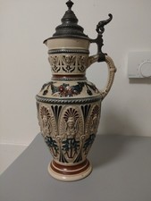 Keramik Kanne,Krug um 1880/1890 Historismus, Relief Engelmotive mit Zinndeckel