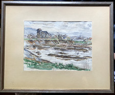 ::KARL FLURY *1898 -1971 AQUARELL UFER FABRIK GEWÄSSER SIGNIERT UFER DORF ANTIK