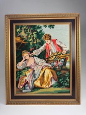 Vintage-Stickerei in Bilderrahmen – Pastorale Szene im Rokoko-Stil  63 × 76 cm