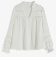 Damen Bluse weiß unifarben mit Spitze Langarm V-Ausschnitt Grö 36 - 54 neu 41114