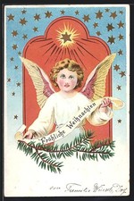 Weihnachtsengel mit Fröhliche Weihnachten Schriftrolle, Ansichtskarte 1907 