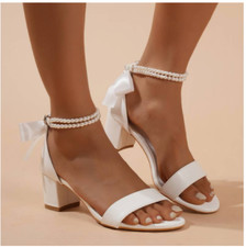 Brautschuhe Hochzeit Sandel Party Tanz Weiß mit Stirnband & Perlen Blockabsatz