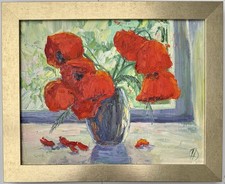 Original altes russisches Ölgemälde Stillleben „Mohnblumen“, monogrammiert H. O.