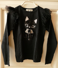H&M Pullover Gr. 122/128 schwarz Katze Pailletten Tüllrüschen