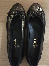 CHANEL Flache Pumps Echtleder Schuhe Größe Damen 39C Schuhe Schwarz:Gold