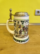 Original BMF Bierstein Deckel Zinn weißen Milchglas Bierkrug Vintage Gravur