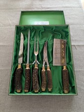 Tranchierbesteck Anton Wingen Solingen, Hirschhorn mit Einlagearbeit, 5tlg, Jagd
