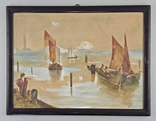 9260044 Aquarell signiert Herber Hafenszene mit Fischerbooten Mitte 20 Jh.