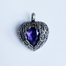 Vintage 925 Silber Herz Anhänger mit Amethyst – Schmuck im viktorianischen Stil 
