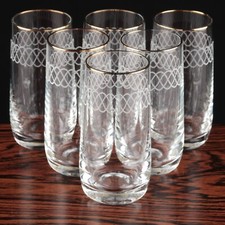 6 Shot Gläser 7,8 cm Schnapsgläser zarter Goldrand Kurven Gravur ReUse Vintage