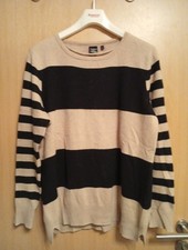 100% Kaschmir Pullover Damen, Größe L-XL Gestreift Schwarz/Beige