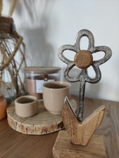 Deko Blume stehend H. 22 cm braun silber aus Metall + Mango-Holz, Handmade