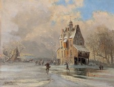 Carl Hilgers, Schlittschuhläufer, Quadenhof bei Gerresheim, Öl Holz, Düsseldorf