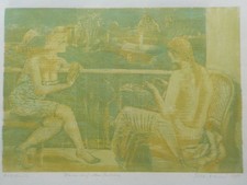 THEA KOWAR - Frauen auf dem Balkon. Farbholzschnitt signiert. 3 Probedrucke 1980