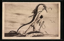 Künstler-AK Richard Müller: Nackter Mann reitet Seepferdchen 