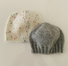 2 Stuck warme  Babymütze Strickmütze Merinowolle 0-3 Monate Weiß/ Grau