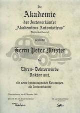 Diplom Urkunde Ehren Doktor Titel Autoverkäufer Autohändler KFZ Auto Car