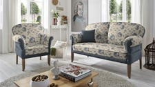 Ostfriesensofa Juist mit Stoff Hörnum blau Blume / Uni abgesetzt