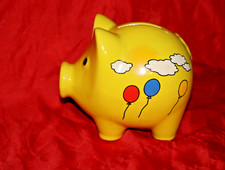 Gelbes SPARSCHWEIN Spardose SCHWEIN + Schlüssel Motiv Sonne, Wolken, Luftballons