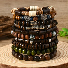 10er Set elastische Armbänder mit Holzperlen – Unisex – Boho / Festival Style