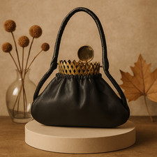 Antike Scherentasche Leder & graviertes Messing um 1900 Vintage Rarität