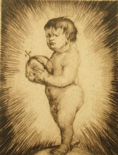 Klaus Richter Bleistift signiert Trockenspitze Radierung; Kind mit Kruciger (Orb) 1919