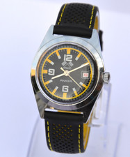 Vintage Anker RALLYE Herrenuhr, schwarz/gelb, Lederarmband, Handaufzug, Box