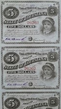 USA 4x5 Dollars 1875 Louisiana Staatsanleihen Baby Bond notes uncut sheet