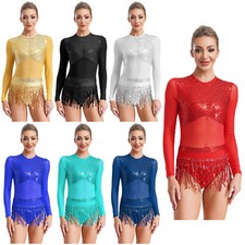 Damen Bodysuit Shiny Dancewear Samba Kleid Pailletten Uniformen Bühne Overall