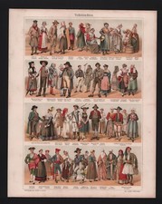 Chromo-Lithografie 1909: Volkstrachten. Bekleidung Röcke Schürzen Hosen Hemden