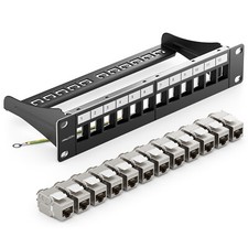 CAT 8 Patchpanel 12 Port + 12x Keystone Jack Modul RJ45 Netzwerk 1HE 10Zoll Rack