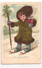 Filz-AK Kleiner Skifahrer im Filzmantel 